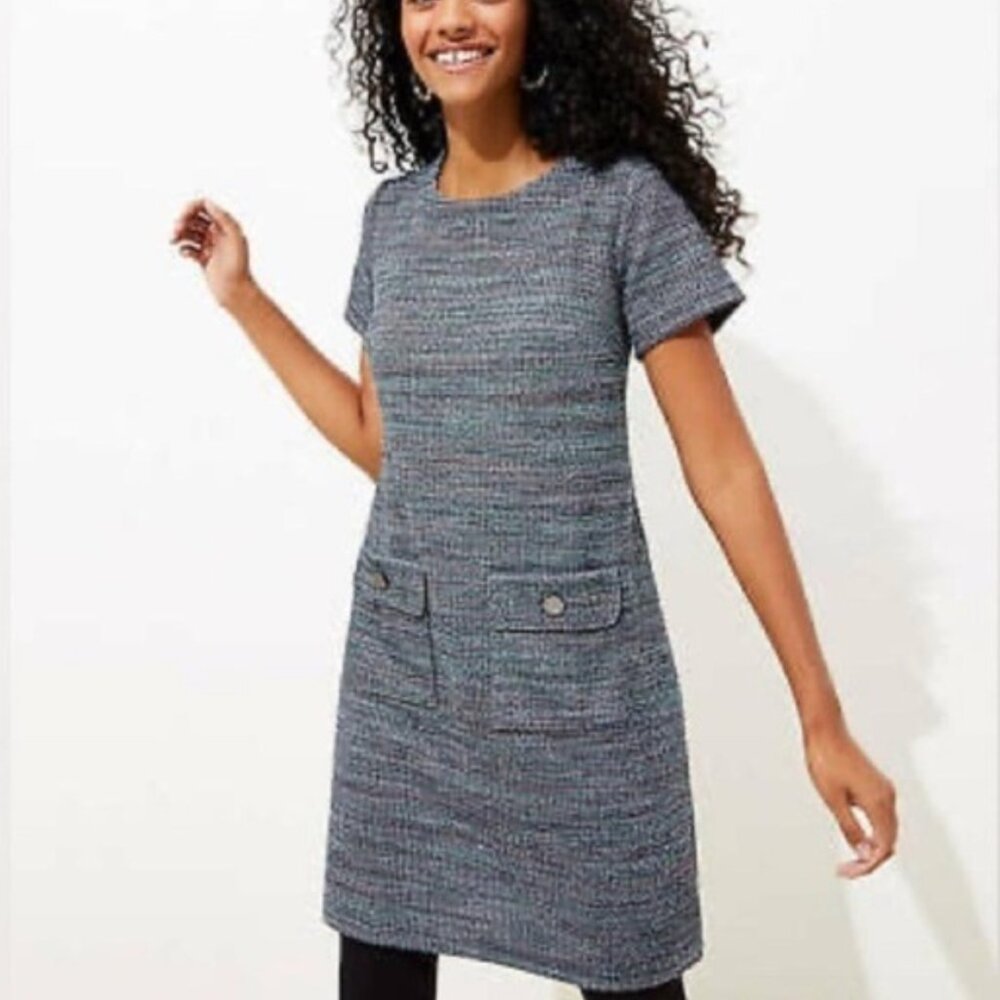 LOFT Women's Sz 12 Blue Multi Tweed Short Sleeve Sheath Dress Pockets EUC